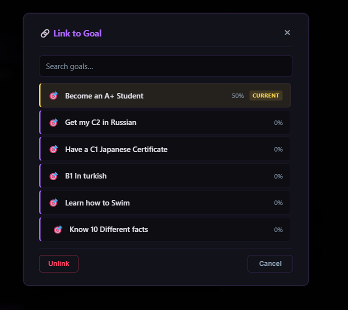 Linking a task to a goal — the goal picker.