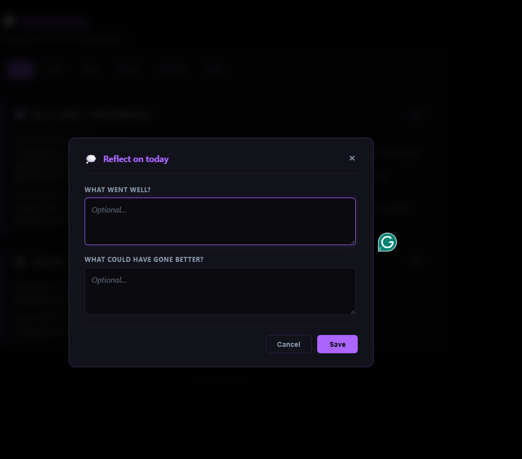 The reflection modal — two open questions, no scales, no checkboxes.